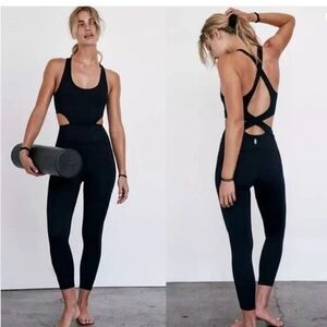 Free People Movement Jumpsuit Women Small Black Back It Up Yoga Pilates Gym Work